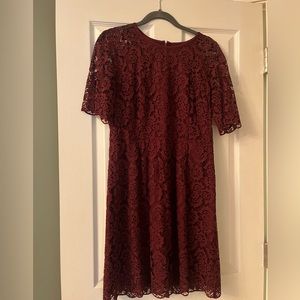 Lace burgundy dress pairs perfectly with tights and booties or boots